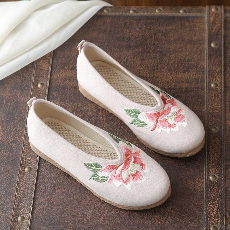 Flache Freizeitschuhe Aus Vintage-leinen Mit Blumenstickerei