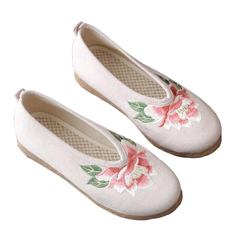 Flache Freizeitschuhe Aus Vintage-leinen Mit Blumenstickerei