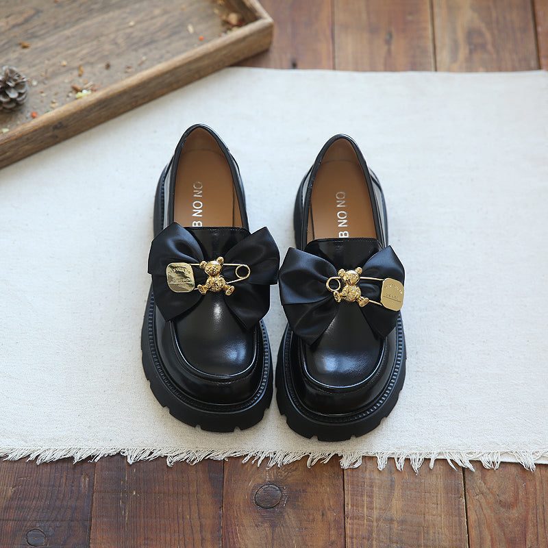 Frauen Bowknot Casual Leder Wedge Black Loafers