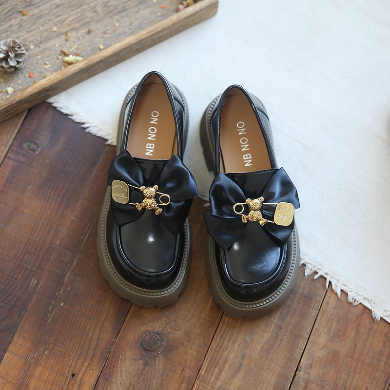 Frauen Bowknot Casual Leder Wedge Black Loafers