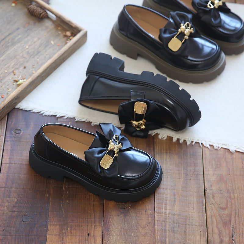 Frauen Bowknot Casual Leder Wedge Black Loafers