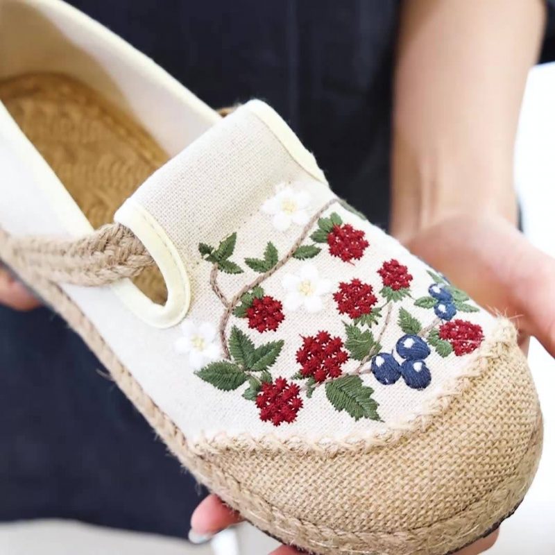 Frauen-frühlings-retro Blumenstickerei-leinen-beiläufige Schuhe