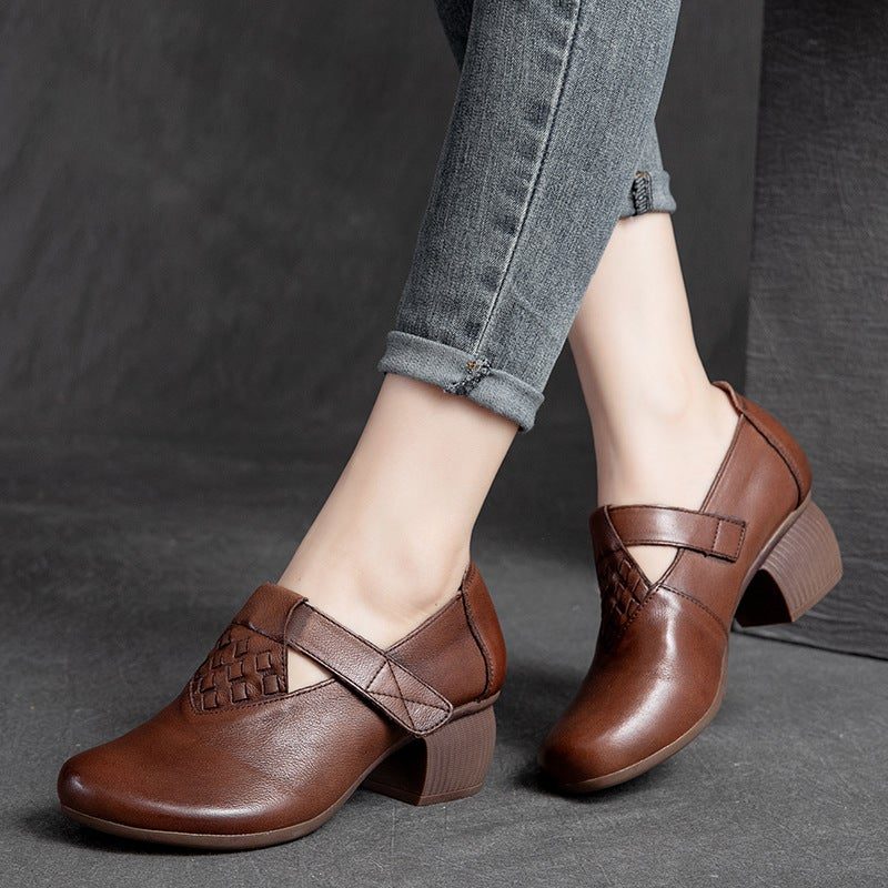 Frühling Klettband Retro Leder Loafer Mit Rundem Kopf