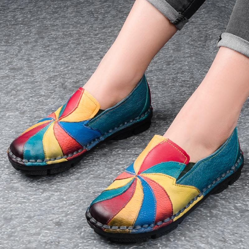 Mehrfarbige Windmühlen-leder-slip-on-handgemachte Flache Loafer Im Retro-stil