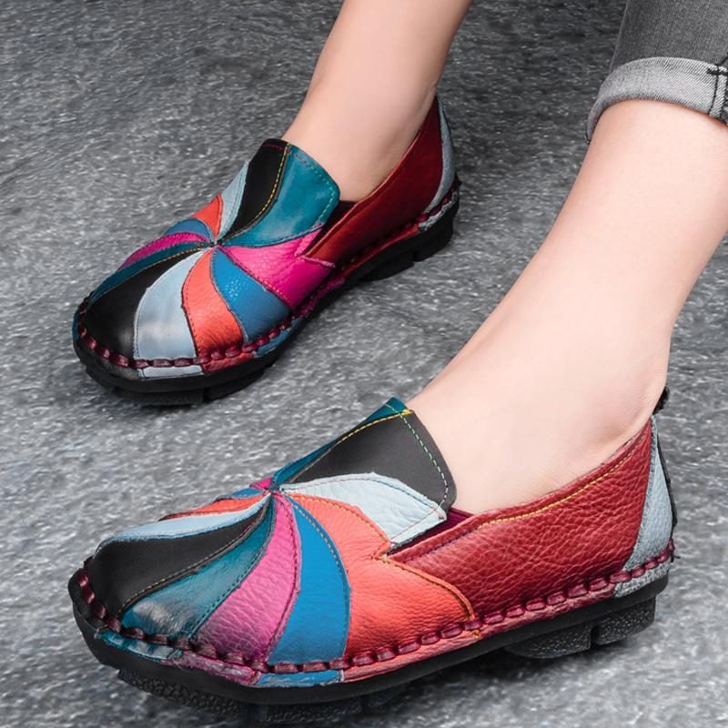 Mehrfarbige Windmühlen-leder-slip-on-handgemachte Flache Loafer Im Retro-stil