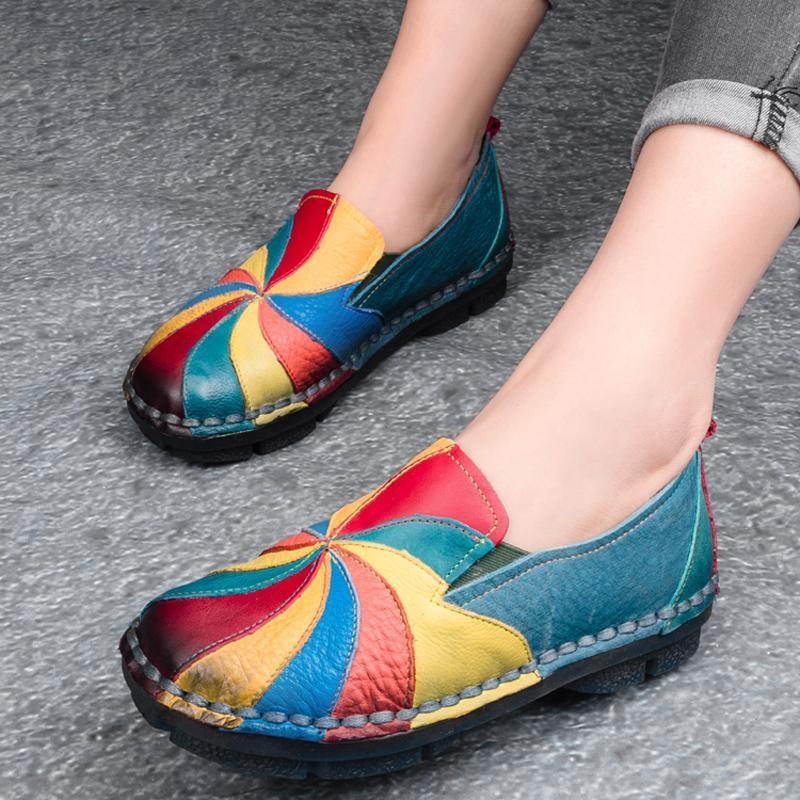 Mehrfarbige Windmühlen-leder-slip-on-handgemachte Flache Loafer Im Retro-stil