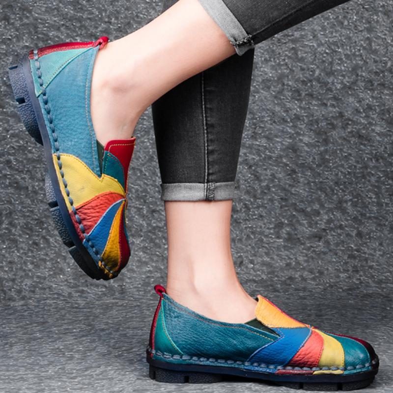 Mehrfarbige Windmühlen-leder-slip-on-handgemachte Flache Loafer Im Retro-stil