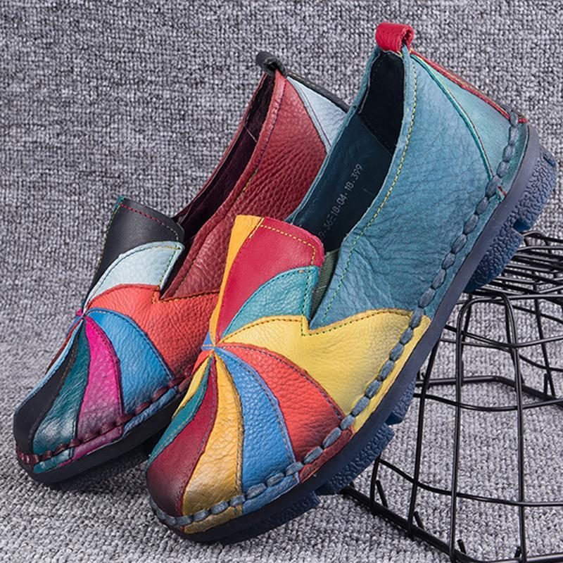 Mehrfarbige Windmühlen-leder-slip-on-handgemachte Flache Loafer Im Retro-stil