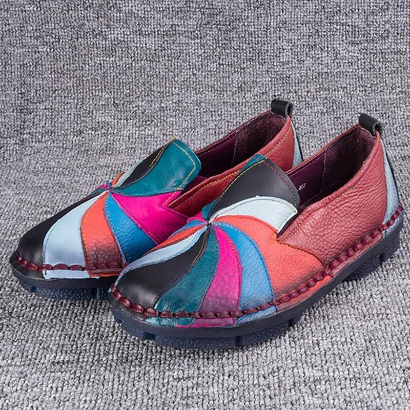 Mehrfarbige Windmühlen-leder-slip-on-handgemachte Flache Loafer Im Retro-stil