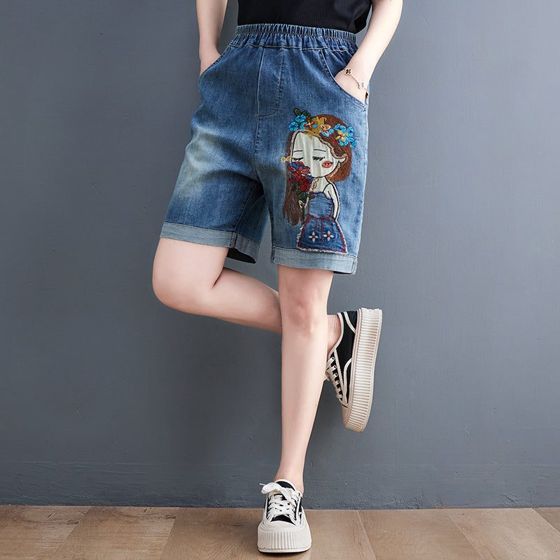 Damen-sommer-retro-stickerei-denim-shorts