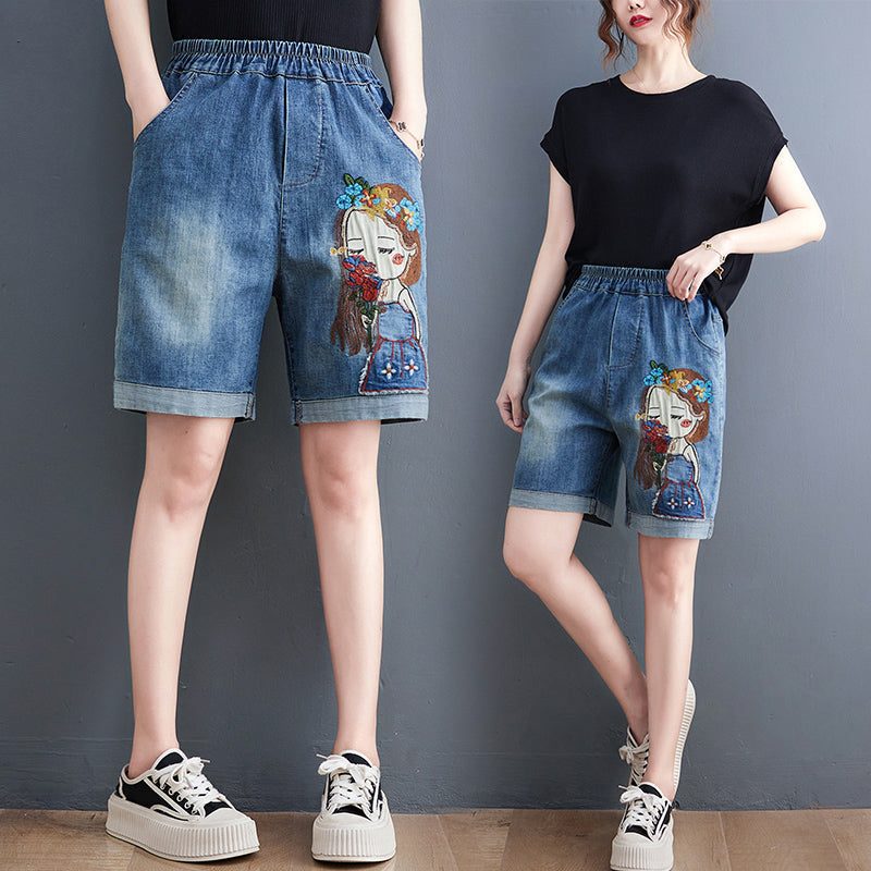 Damen-sommer-retro-stickerei-denim-shorts