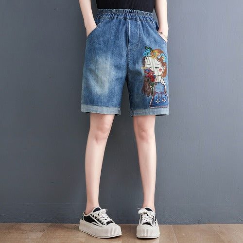 Damen-sommer-retro-stickerei-denim-shorts