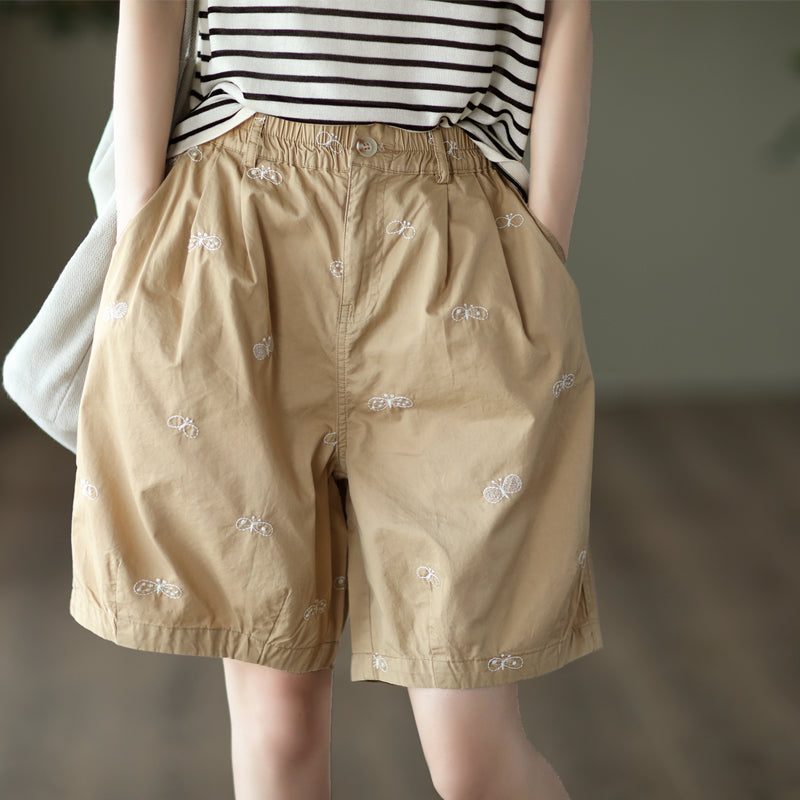 Frauen-sommer-retro-schmetterlings-stickerei-baumwollshorts