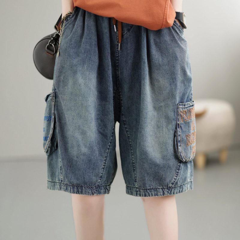 Frauen-sommer-weinlese-stickerei-baumwolldenim-shorts