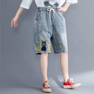 Lässige Denim-shorts Mit Cartoon-stickerei In Übergröße