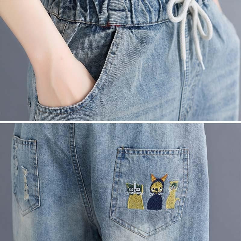 Lässige Denim-shorts Mit Cartoon-stickerei In Übergröße