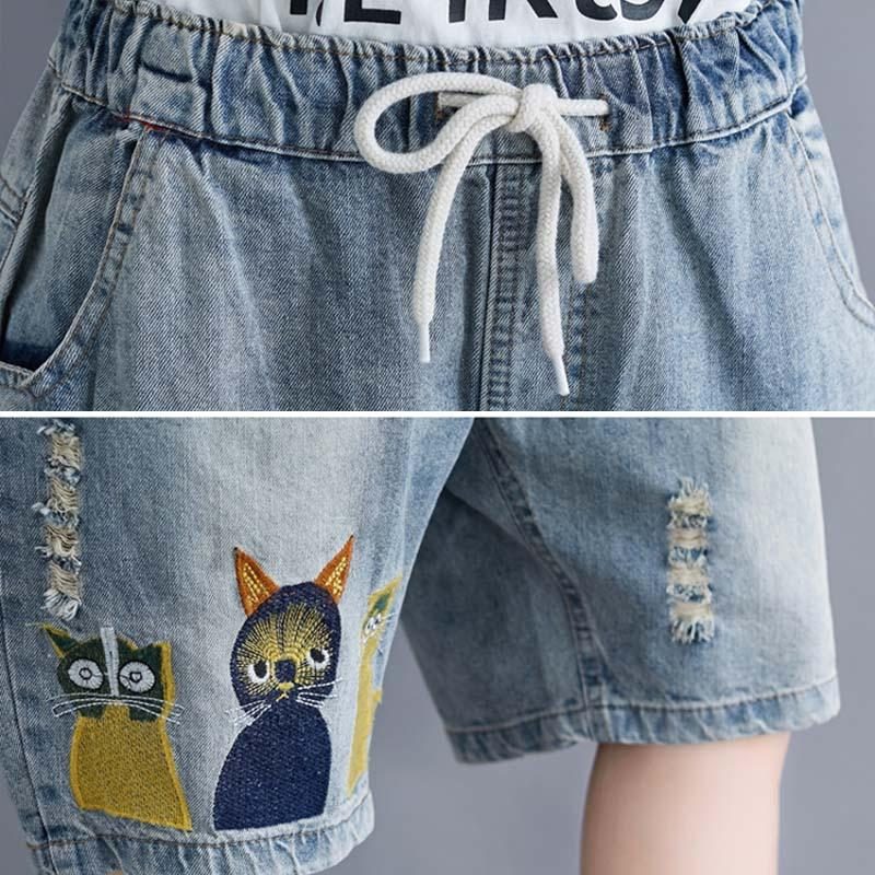 Lässige Denim-shorts Mit Cartoon-stickerei In Übergröße