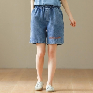 Lockere Denim-shorts Aus Baumwolle Mit Elastischer Taille Und Buchstabenstickerei