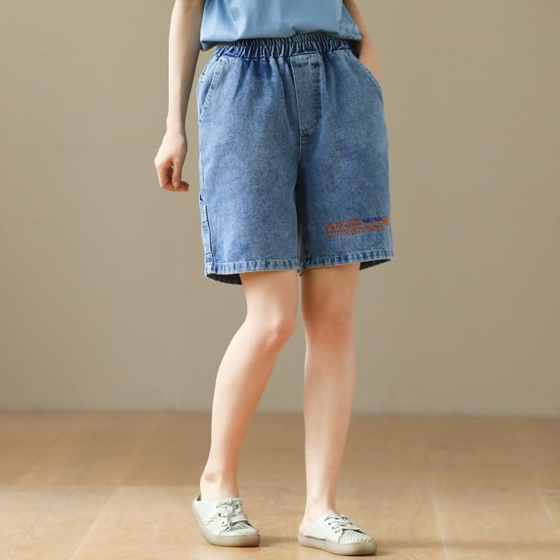 Lockere Denim-shorts Aus Baumwolle Mit Elastischer Taille Und Buchstabenstickerei