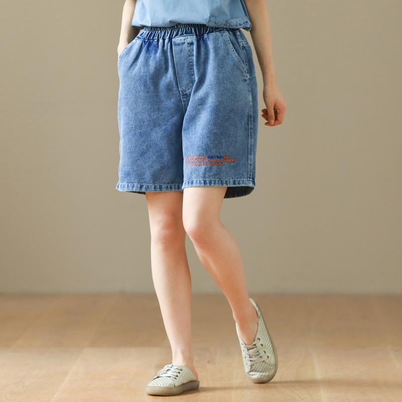 Lockere Denim-shorts Aus Baumwolle Mit Elastischer Taille Und Buchstabenstickerei