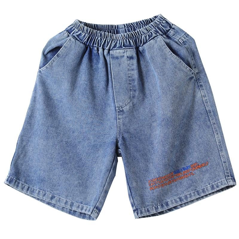 Lockere Denim-shorts Aus Baumwolle Mit Elastischer Taille Und Buchstabenstickerei