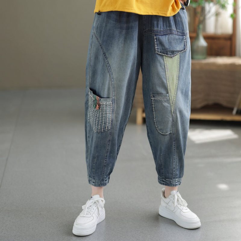 Damen Frühling Sommer Retro Patchwork Baumwolljeans