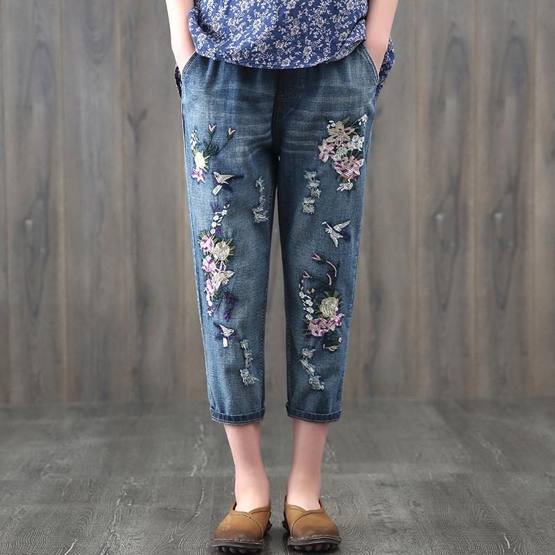 Ethno-jeans Mit Elastischer Taille Und Blumenstickerei