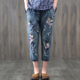 Ethno-jeans Mit Elastischer Taille Und Blumenstickerei