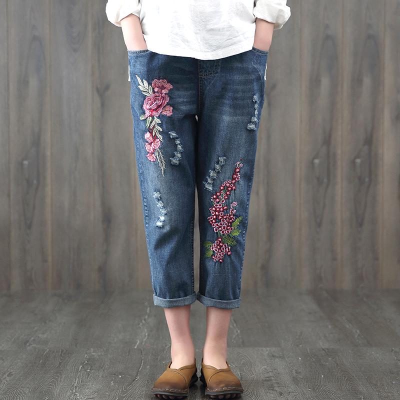 Ethno-jeans Mit Elastischer Taille Und Blumenstickerei