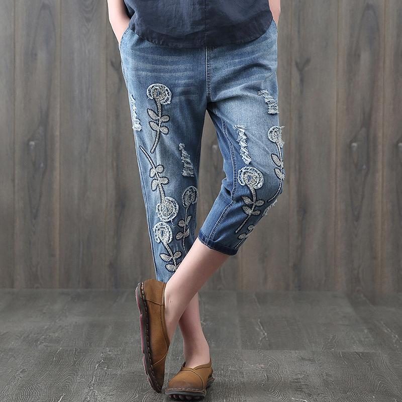 Ethno-jeans Mit Elastischer Taille Und Blumenstickerei