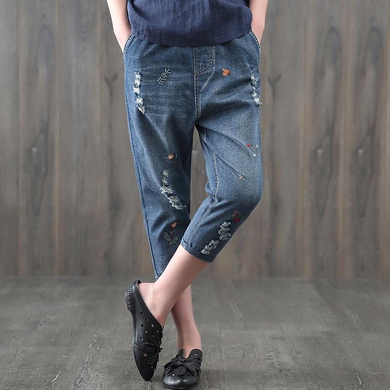 Ethno-jeans Mit Elastischer Taille Und Blumenstickerei