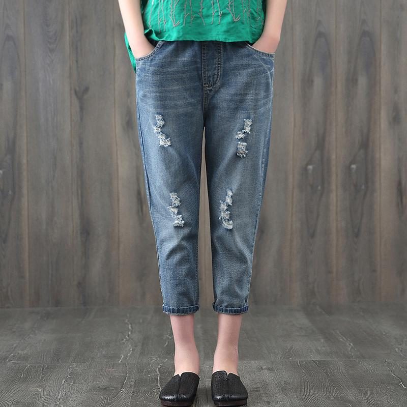 Ethno-jeans Mit Elastischer Taille Und Blumenstickerei