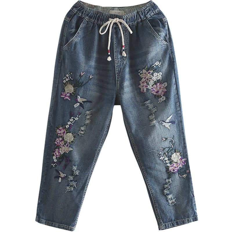 Ethno-jeans Mit Elastischer Taille Und Blumenstickerei