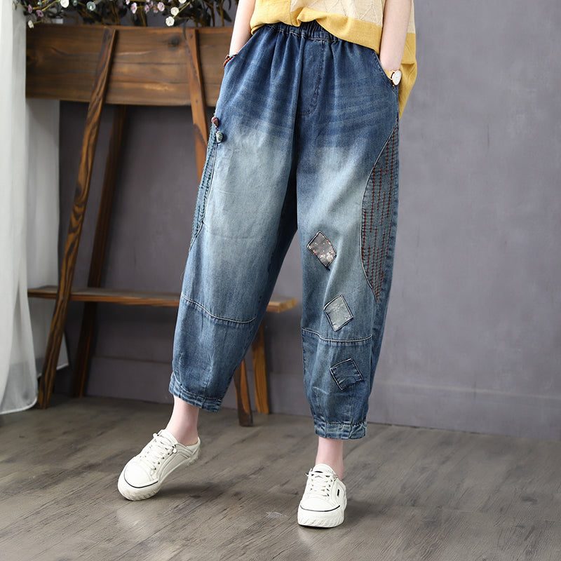 Frauen-sommer-weinlese-stickerei-dünne Baumwolljeans