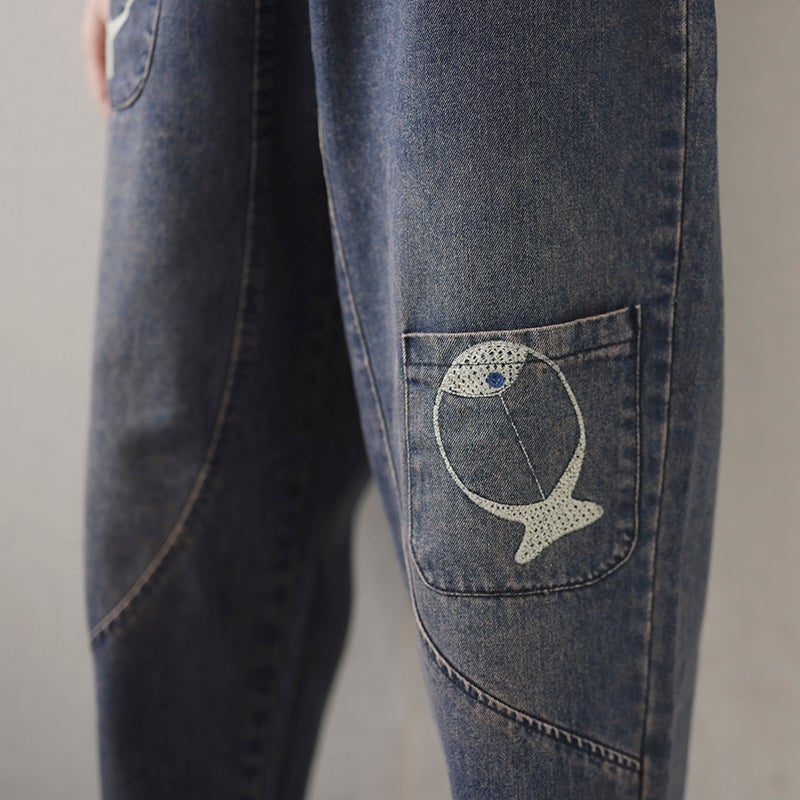 Frühlings-frauen-fisch-stickerei-patchwork-jeans