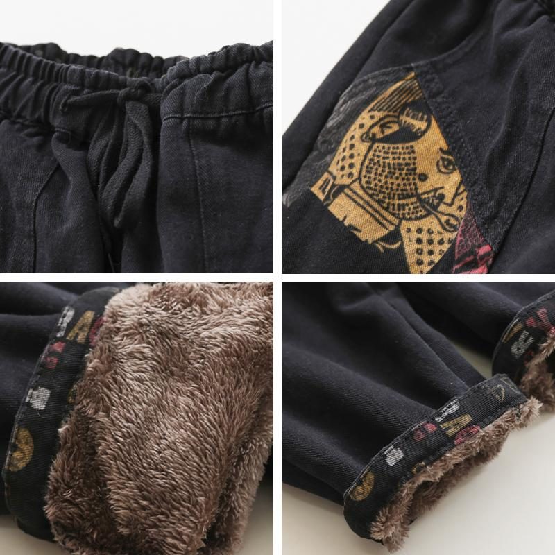 Lässige Patchwork-pelzjeans Mit Retro-stickerei Im Winter