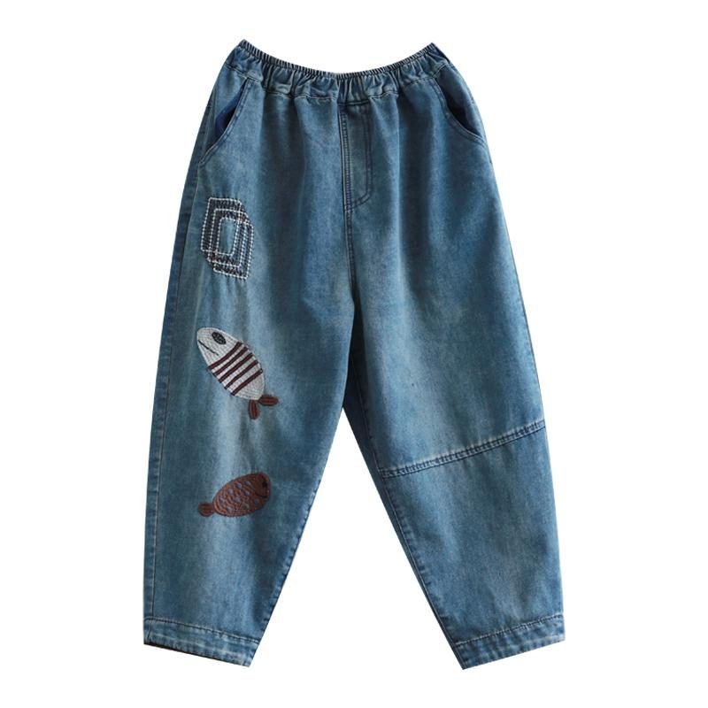 Lockere Hallen-denimhose Mit Fischstickerei Im Retro-stil