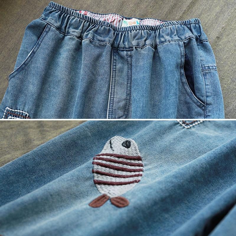 Lockere Hallen-denimhose Mit Fischstickerei Im Retro-stil