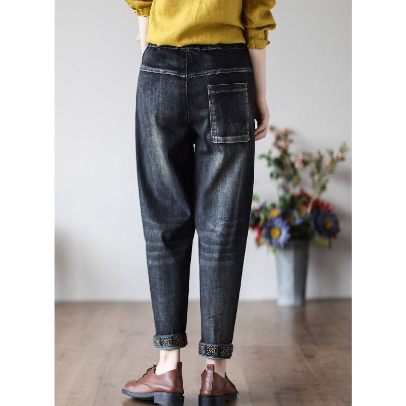 Lose Denim-hosen Aus Baumwolle Mit Vintage-blumenstickerei