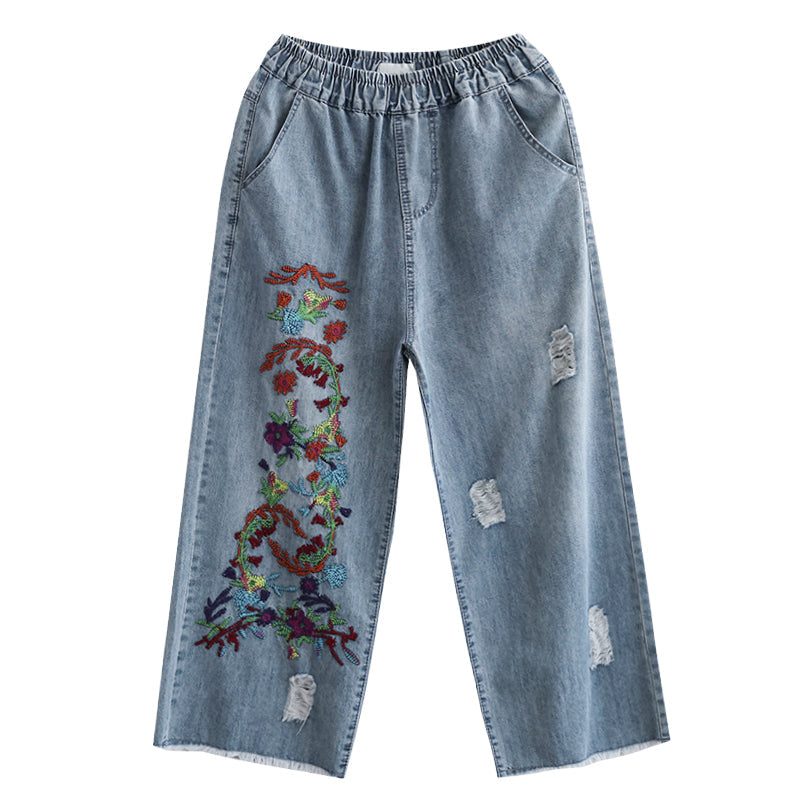 Weit Geschnittene Sommer-retro-jeans Mit Blumenstickerei Aus Baumwolle