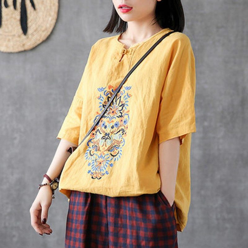 Besticktes Vintage Casual Loose Leinen T-shirt