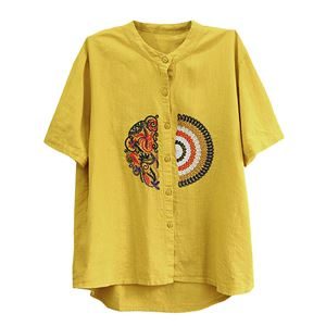 Damen-sommer-t-shirt Aus Baumwolle Und Leinen Mit Retro-stickerei