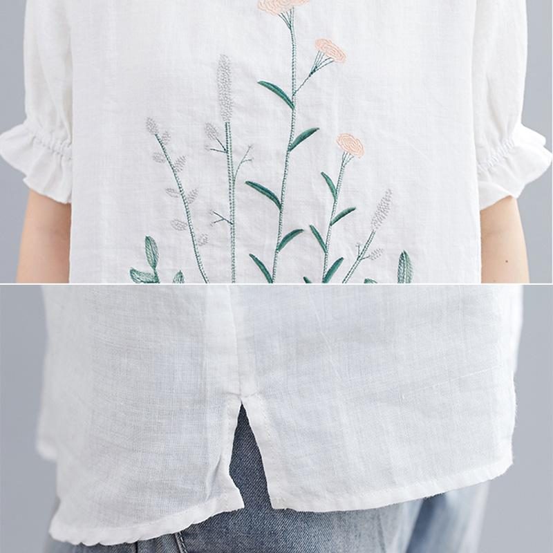 Frühlings-sommer-lockeres Beiläufiges Blumenstickerei-leinen-t-shirt