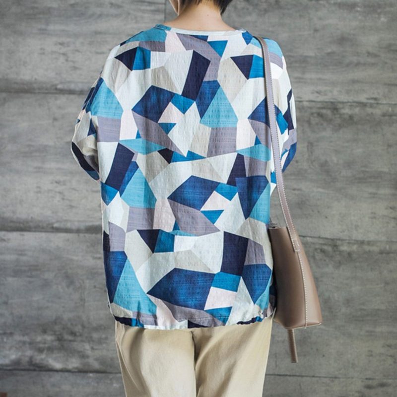 Geometrisch Bedruckte T-shirt-bluse Aus Baumwollleinen Mit Kordelzug