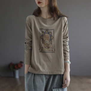 Langärmliges Lockeres Baumwoll-t-shirt Mit Retro-print Für Damen