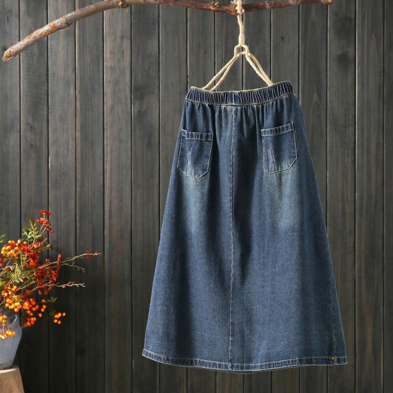 Bestickter Mittellanger Retro-jeansrock