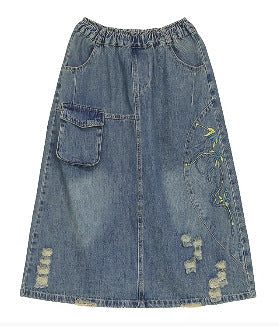 Sommer-retro-stickerei Zerrissener Jeansrock Aus Baumwolle