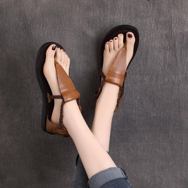 Clip Toe Buckle Flat Heel Handgefertigte Ledersandalen