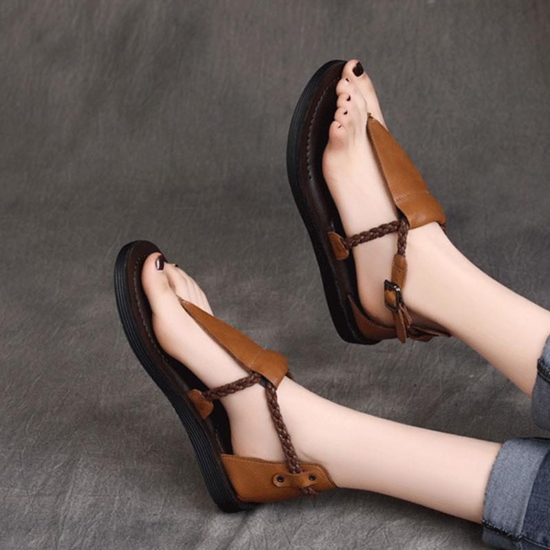 Clip Toe Buckle Flat Heel Handgefertigte Ledersandalen