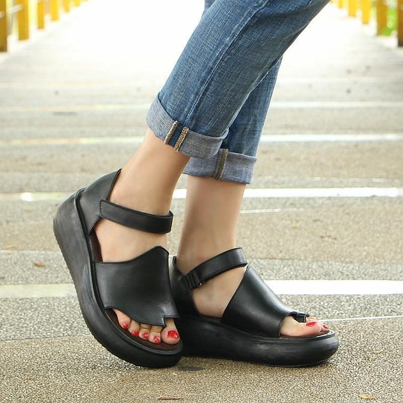 Damen Clip Toe Casual Plateau Klettsandalen